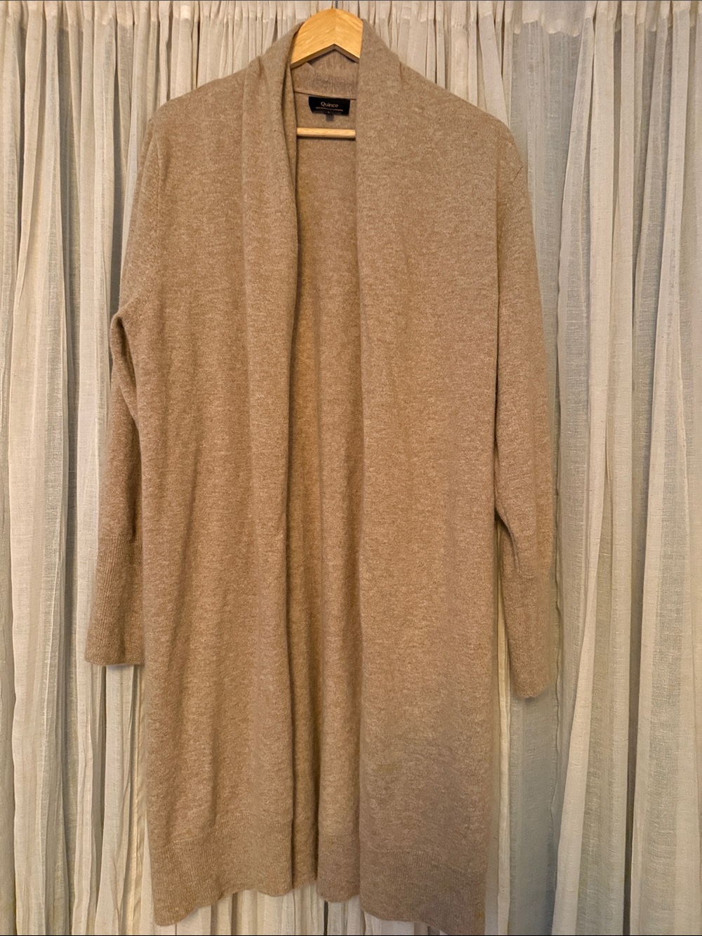 Quince Long Open-Front Cardigan in Taupe